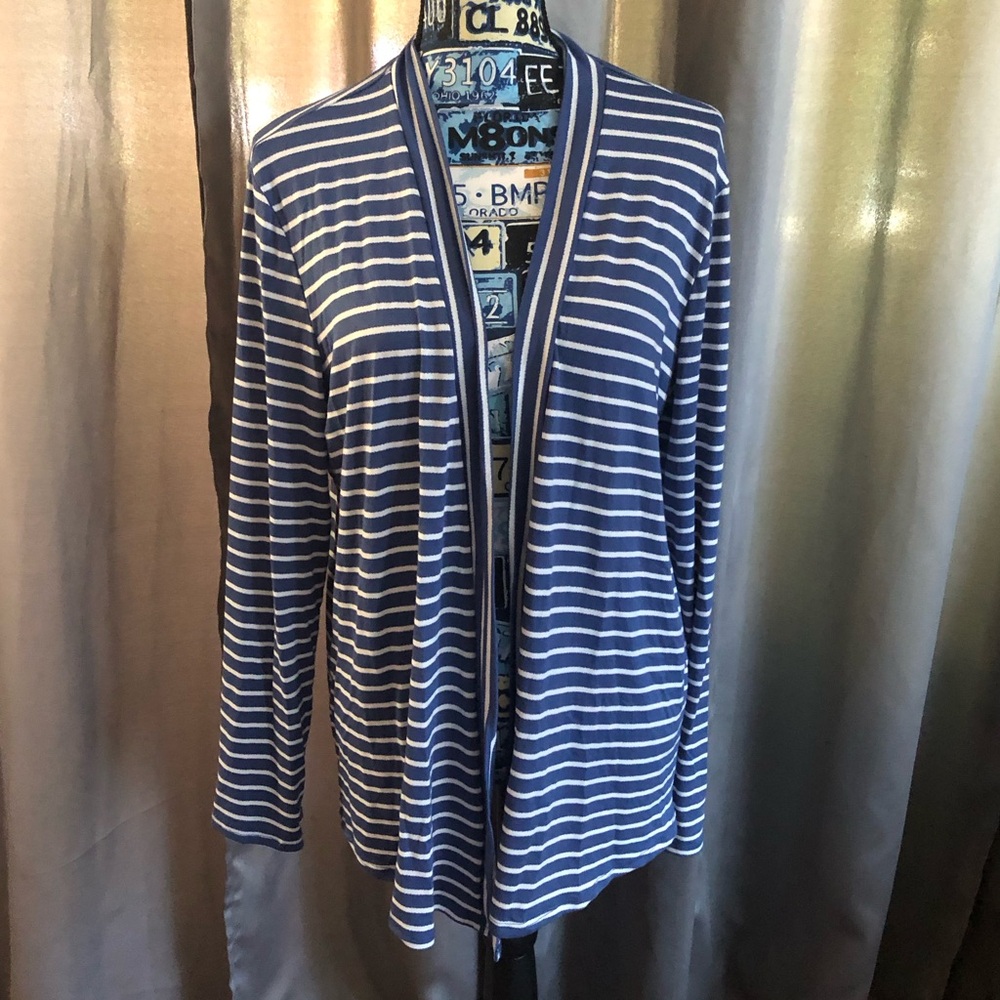 Wilde Blue and White Striped Open Front Long Sleeve Cardigan Sweater